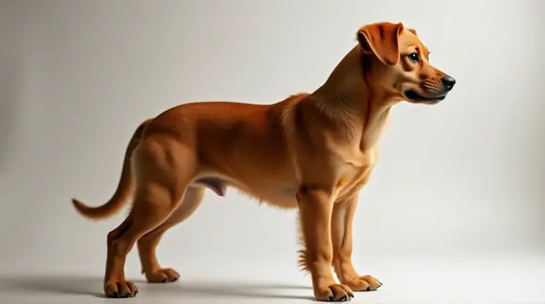 Medium-sized chestnut short-coated dog shown in profile with clear muscle definition and soft lighting