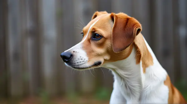 Short-haired dog with chestnut and ivory fur in profile against a rustic wooden fence.