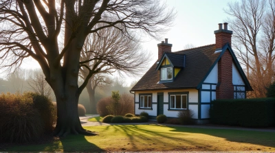Chestnut Trees Next To Gray Timber Cottage In Morning Light