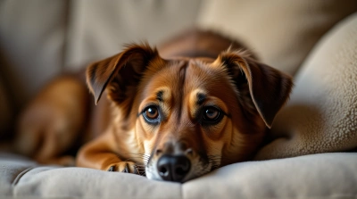 Chocolate Dog Resting On Cushioned Sofa
