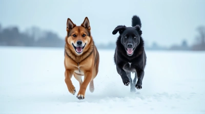 Chocolate And Ebony Dogs Sprinting On Snow