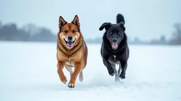 Two dogs with chocolate and ebony coats running swiftly across a snow-covered landscape under a pale blue sky.