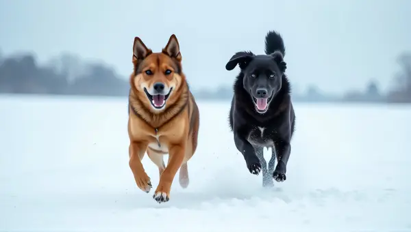 Chocolate And Ebony Dogs Sprinting On Snow