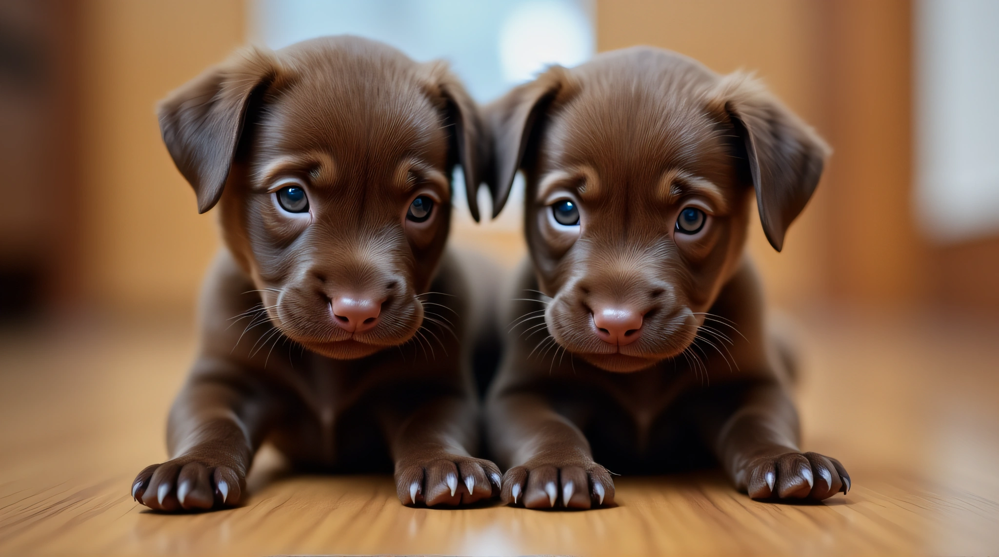 Chocolate Puppies Close-Up On Wooden Floor