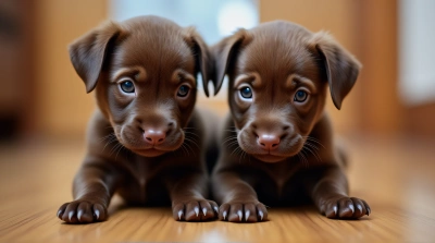 Chocolate Puppies Close-Up On Wooden Floor