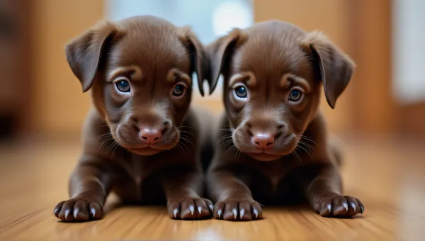 Chocolate Puppies Close-Up On Wooden Floor