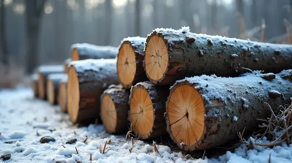 Chopped Wood Pile With Frosty Bark Texture