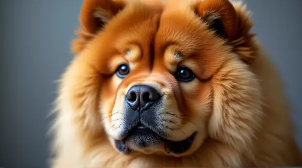 Close-up portrait of a Chow Chow dog with dense russet fur and focused eyes against a blurred background