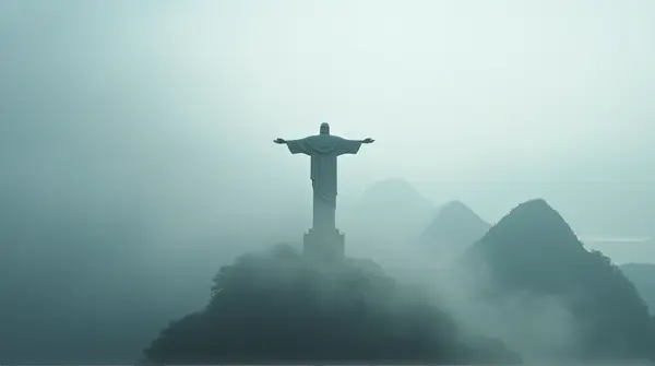 Christ Redeemer Statue Surrounded By Misty Fog