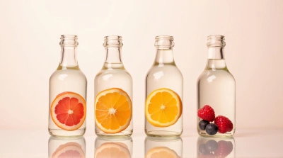 Citrus And Berry Infused Bottles On Reflective Surface
