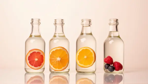 Citrus And Berry Infused Bottles On Reflective Surface