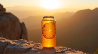 Citrus Soda Can on Rocky Ledge with Golden Light