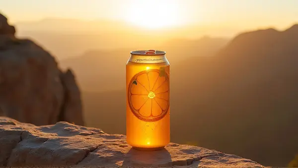 Citrus Soda Can on Rocky Ledge with Golden Light