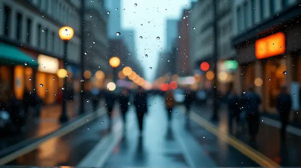 City Avenue With Blurred Lights And Pedestrians