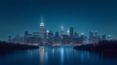 City Skyline At Night With Reflective River View
