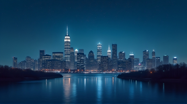 Low angle view of a city silhouette with illuminated skyscrapers reflecting on a calm river under a starry sky.