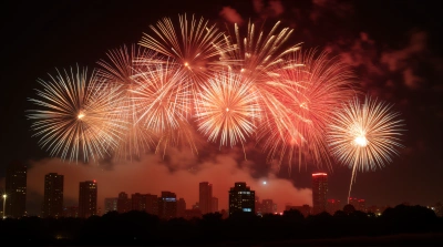 City Skyline With Colorful Fireworks Burst