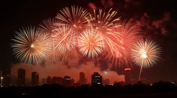 City Skyline With Colorful Fireworks Burst