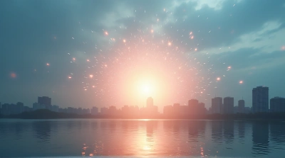 City Skyline With Radiant Light Bursts Over River