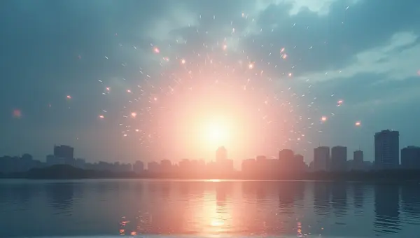 City Skyline With Radiant Light Bursts Over River