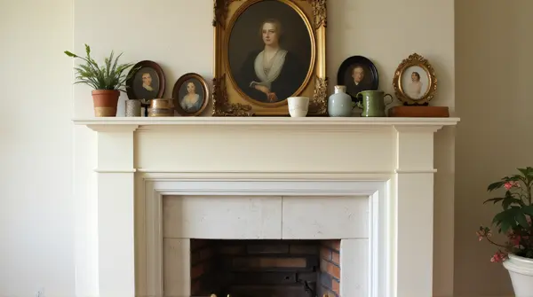 Classic ivory fireplace mantel decorated with vintage trinkets and framed portraits in a softly textured room.