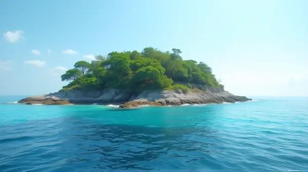 Clear Blue Sea Surrounding Tree-Covered Island