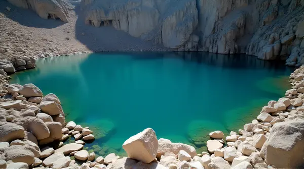 Clear lake water beside jagged rocks with sunlight creating sharp shadows and emphasizing texture and depth.