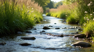 Clear Stream With Smooth Stones And Wildflowers