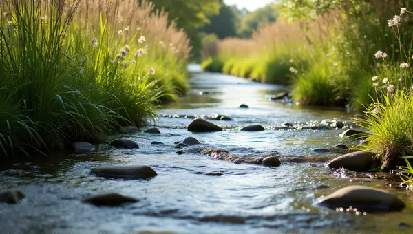 Clear Stream With Smooth Stones And Wildflowers
