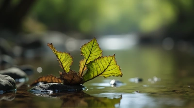 Close-Up Of Curled Leaf Veins By Stream Edge