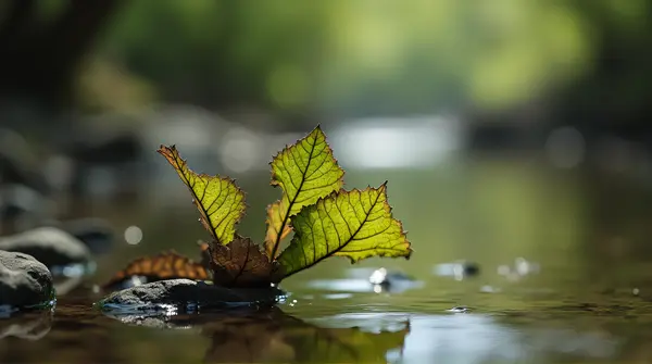 Selective focus on curled leaf veins resting near a gentle stream with a softly blurred background