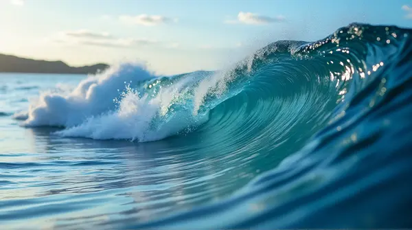 Close-up of curling sea waves showing crests and shimmering reflections in soft light
