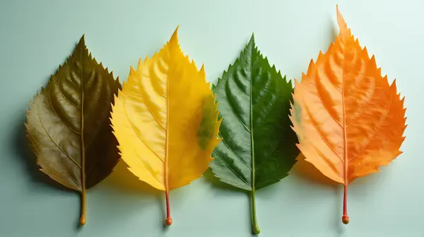 Close-up view of four different leaves with visible veins arranged diagonally on a smooth surface with soft light.