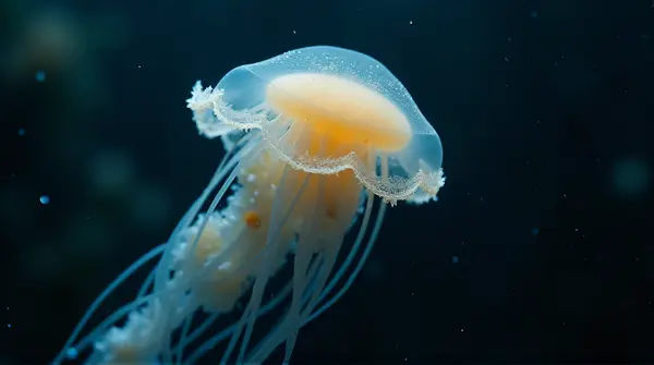 Close-up of a gelatinous sea creature with trailing filaments glowing softly against a dark texture