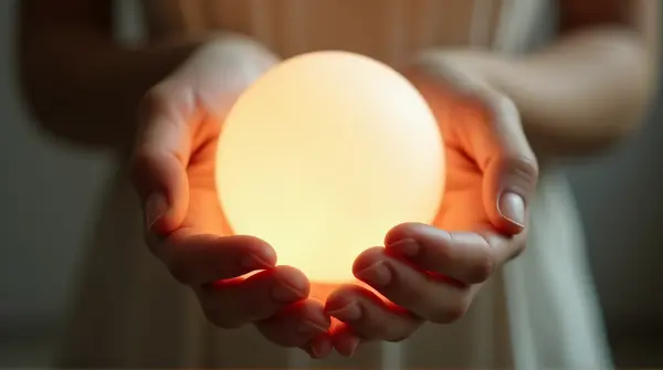 A close-up of a hand gently cradling a smooth orb with soft light reflection and blurred background.