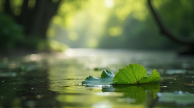 Close-Up Of Leaf On Reflective Pond With Sunlight