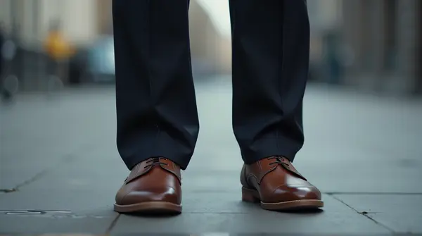 Close-Up Of Legs In Dark Trousers And Shoes