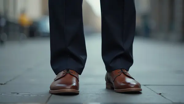 Close-Up Of Legs In Dark Trousers And Shoes