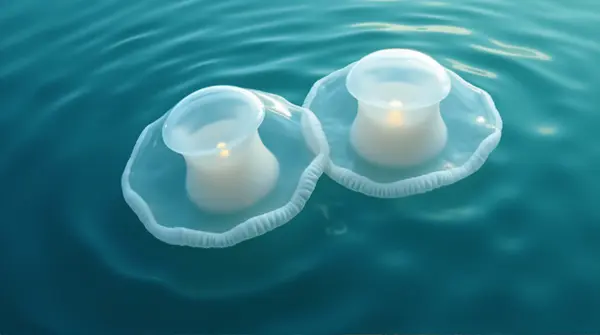 Two translucent gelatinous creatures side by side with soft ripples around them in wide water.