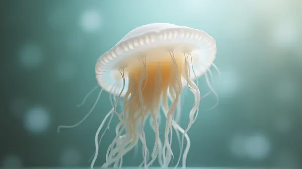 Close-up of a pale, bell-shaped gelatinous creature with delicate trailing tendrils against a soft gradient background