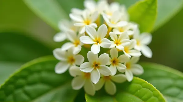 Close-up of pale blooms clustered on leafy branch with soft light highlighting texture and form