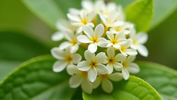 Close-Up Pale Blooms Clustered On Leafy Branch
