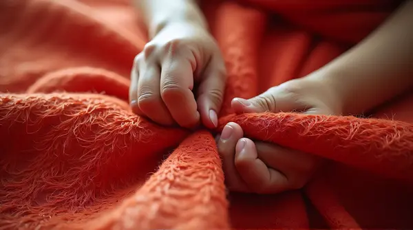 Close-up of a person gripping vibrant red and cream woven cloth with detailed thread patterns