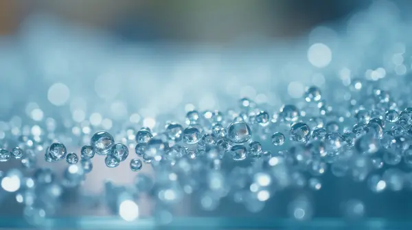 Close-up of tiny shimmering beads on a clear surface with detailed round shapes and blurred backdrop