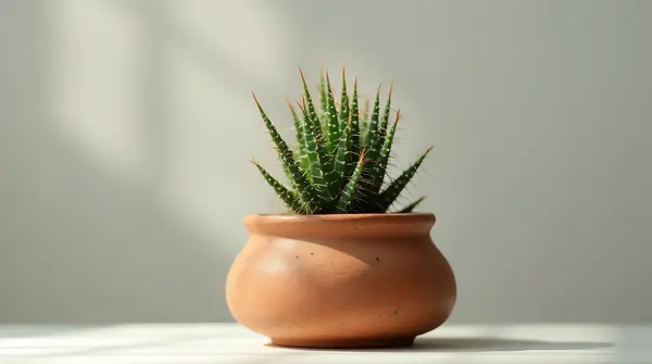 Close-up of a spiky succulent with thick leaves in a rustic pot against a neutral background