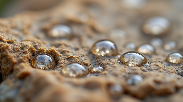Close-up of small water droplets scattered on a rugged stone with sharp reflective clarity.