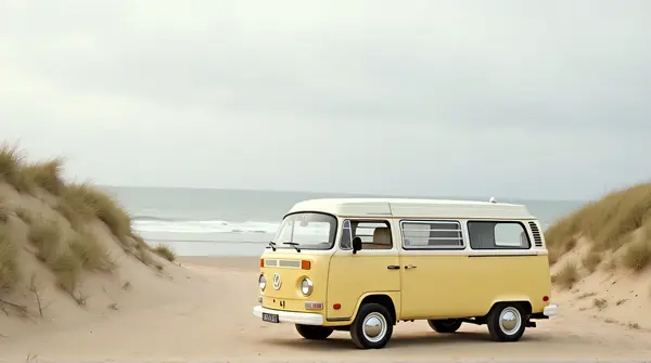 Cream and lemon camper van parked beside a calm beach with soft gray skies and coastal dunes.