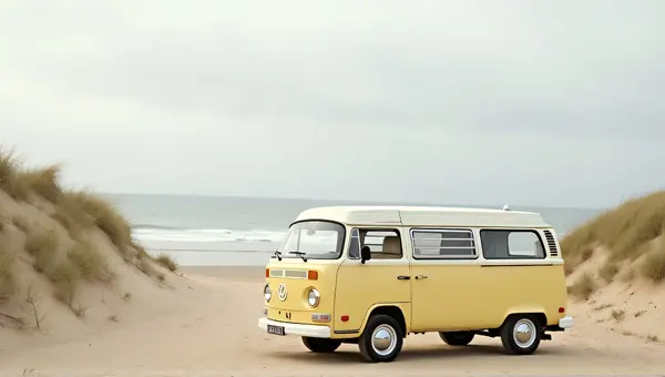 Coastal Camper Van Near Calm Beach Scene