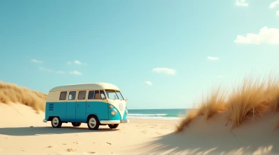 Coastal Camper Van Near Dunes Under Open Sky