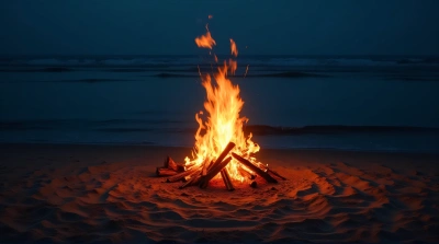 Coastal Campfire Glow By Calm Seaside